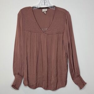 Knox Rose Mauve Smocked V Neck Long Sleeve Blouse Top Women's Size S Cute Trendy